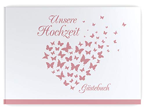 Gästebuch Hochzeit - Hardcover, ohne Fragen, A4 quer, Butterfly Heart (rosé) von DeinWeddingshop