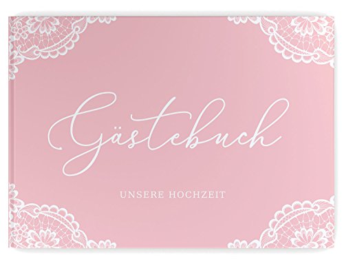 DeinWeddingshop Gästebuch Hochzeit - Vintage Romantic Spitze - Hochzeitsgästebuch Fotobuch, Hardcover A4 quer ohne Fragen (rosa) von DeinWeddingshop