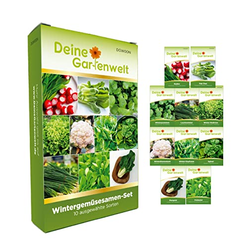 Wintergemüsesamen Set - 10 Sorten Samen - Saatgut Sortiment - Anzuchtset für Wintergemüse - Geschenkset - Radies, Winterpostelein, Salat, Spinat, Mangold, Lauchzweibeln von Deine Gartenwelt