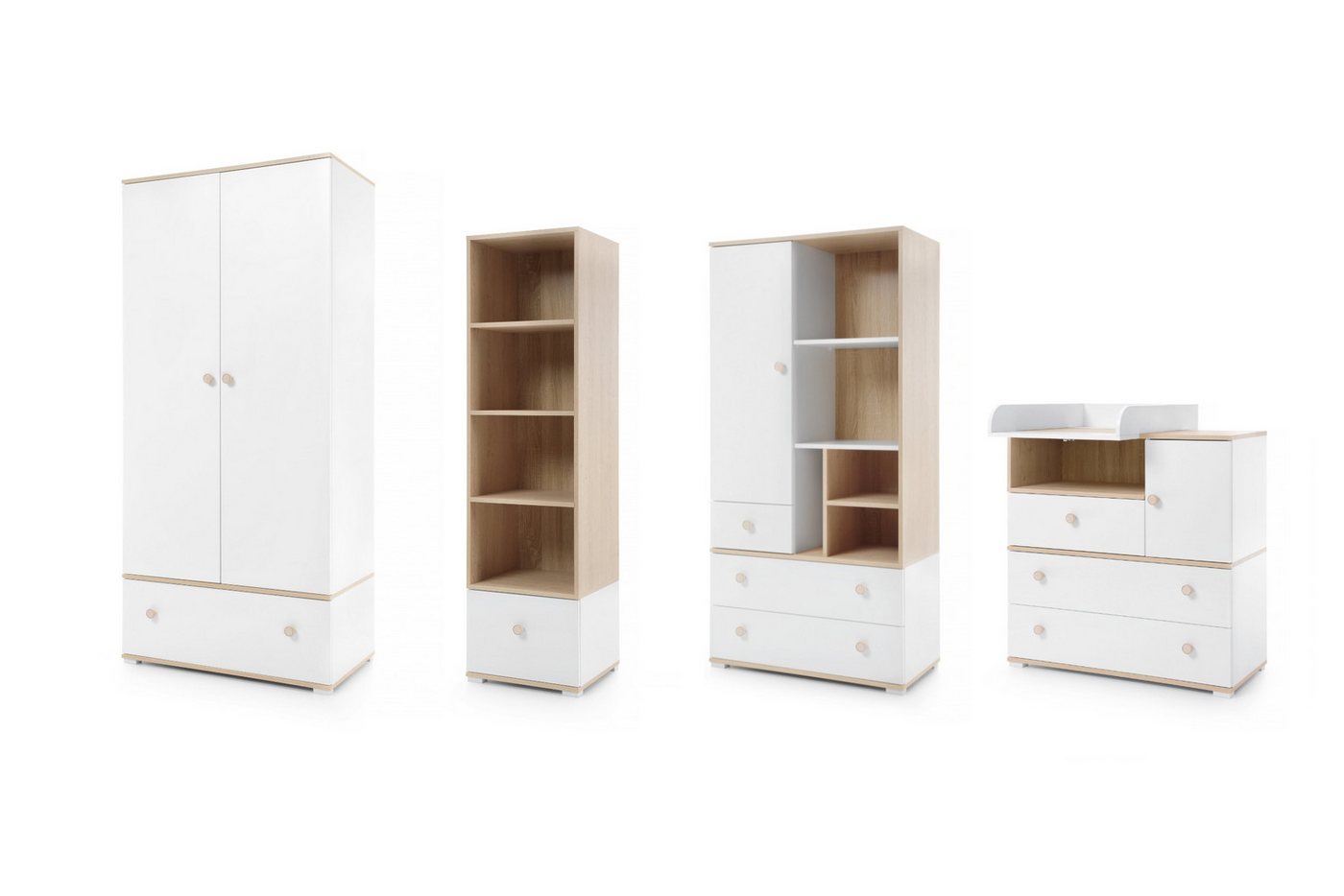 Deine Möbel 24 Babyzimmer-Komplettset OKTAVIA A Kinderzimmer-Set mit Wickelkommode Wickeltisch, (Set (1+2+3+4+5) Kommode Kleiderschrank Regal, 4-tlg., OKTAVIA Kollektion Wickelaufsatz optional), Weiß Eiche Babyzimmer Kinderzimmer von Deine Möbel 24