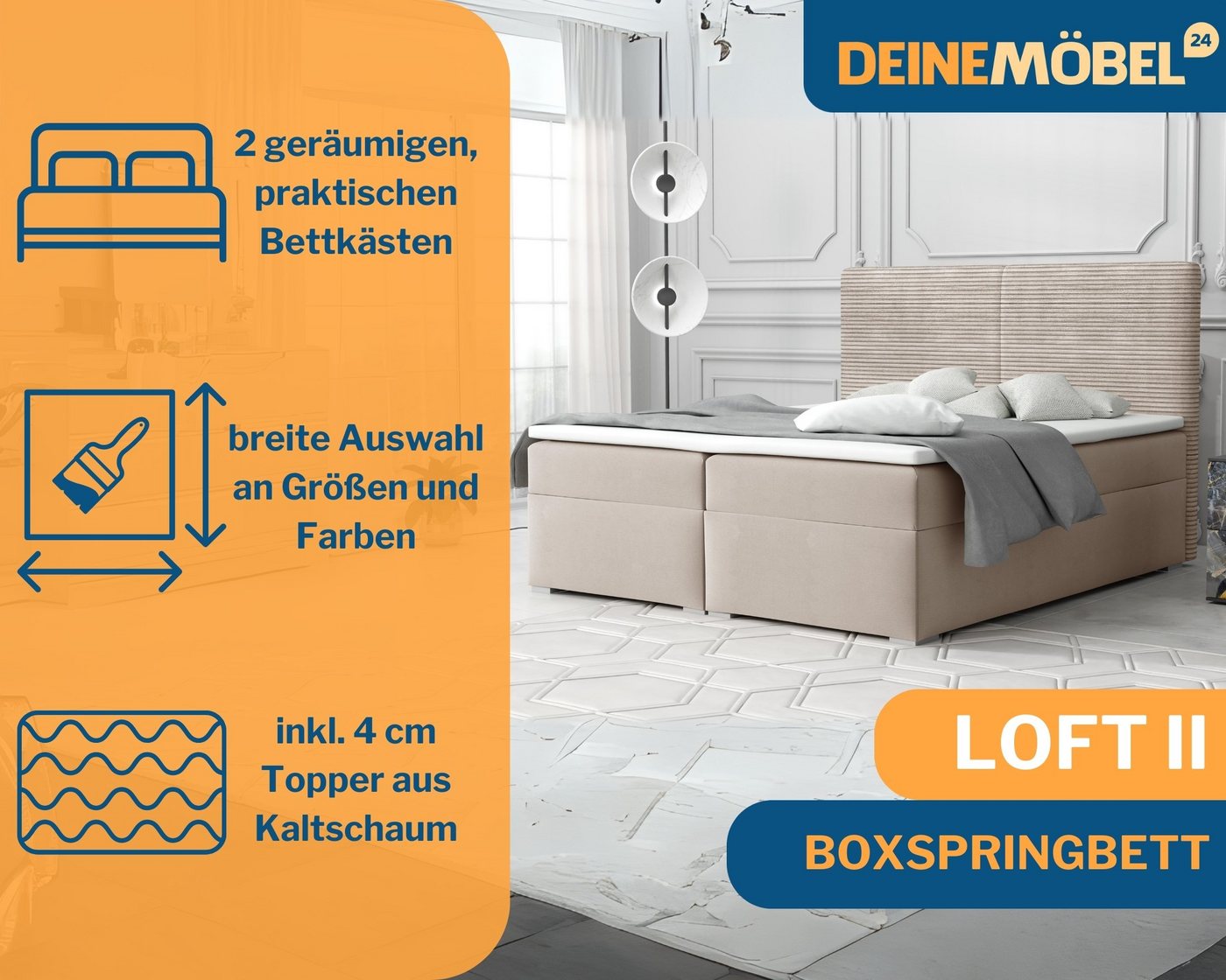 Deine Möbel 24 Boxspringbett Boxspringbett Polsterbett Komplettbett Hotelbett LOFT II (Ehebett Bett inkl. Matratzen H3 oder H4 zur Auswahl Cord-Samt Kopfteil, Ehebett Bett inkl. Matratzen H3 oder H4 zur Auswahl), 120x200 140x200 160x200 180x200 200x200 inkl. Bettkasten und Topper von Deine Möbel 24