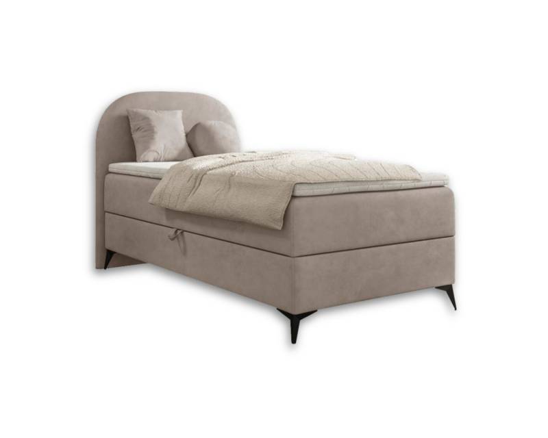 Deine Möbel 24 Boxspringbett JENNY MINI Komplettbett Polsterbett Bett Bonellfederkernmatratzen H3 (Jugendbett Hotelbett Taschenfederkernmatratzen 7 Zonen H4 optional, 2-St., Ehebett Matratzen H3 / H4 Velours Samt Beige Grau Türkis Braun), inkl Topper Bettkasten, 90x200 / 100x200 abgerundet von Deine Möbel 24
