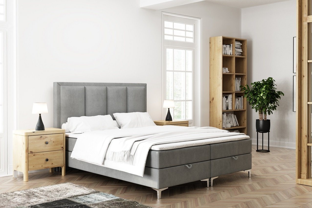 Deine Möbel 24 Boxspringbett MEG Komplettbett Polsterbett inkl. Bonellfederkernmatratzen H3 (Ehebett Bett inkl. Matratzen H3 oder H4 zur Auswahl, Bettkasten von vorne zu öffnen), Boxbett 140x200 160x200 180x200 inkl. Bettkasten und Topper von Deine Möbel 24