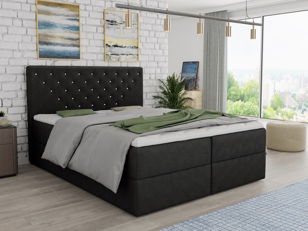 Deine Möbel 24 Boxspringbett Polsterbett Komplettbett Hotelbett BEATE mit Strasssteinen (Ehebett Bett inkl. Matratzen H3 oder H4 zur Auswahl), 120x200 140x200 160x200 180x200 200x200 inkl. Topper aus Kaltschaum von Deine Möbel 24