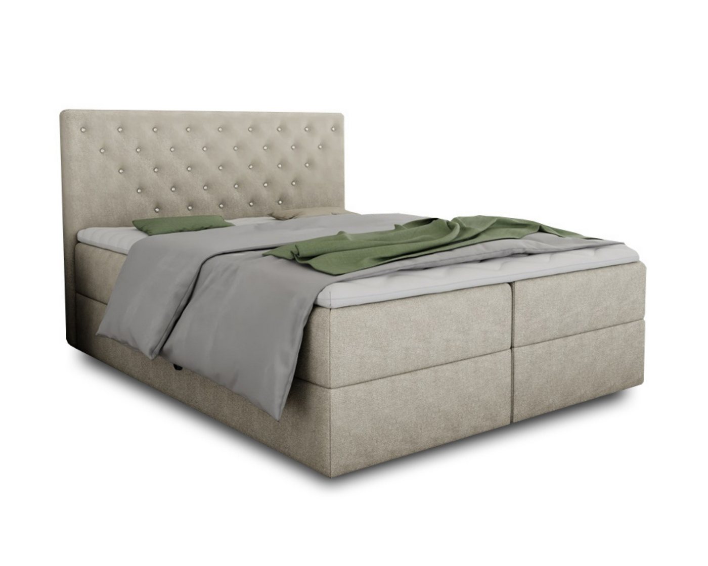 Deine Möbel 24 Boxspringbett Polsterbett Komplettbett Hotelbett BEATE mit Strasssteinen (Ehebett Bett inkl. Matratzen H3 oder H4 zur Auswahl), 120x200 140x200 160x200 180x200 200x200 inkl. Topper aus Kaltschaum von Deine Möbel 24