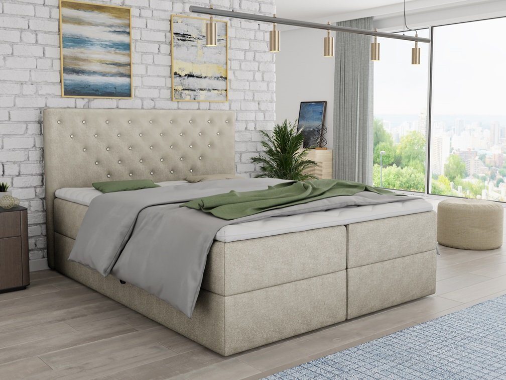 Deine Möbel 24 Boxspringbett Polsterbett Komplettbett Hotelbett BEATE mit Strasssteinen (Ehebett Bett inkl. Matratzen H3 oder H4 zur Auswahl), 120x200 140x200 160x200 180x200 200x200 inkl. Topper aus Kaltschaum von Deine Möbel 24