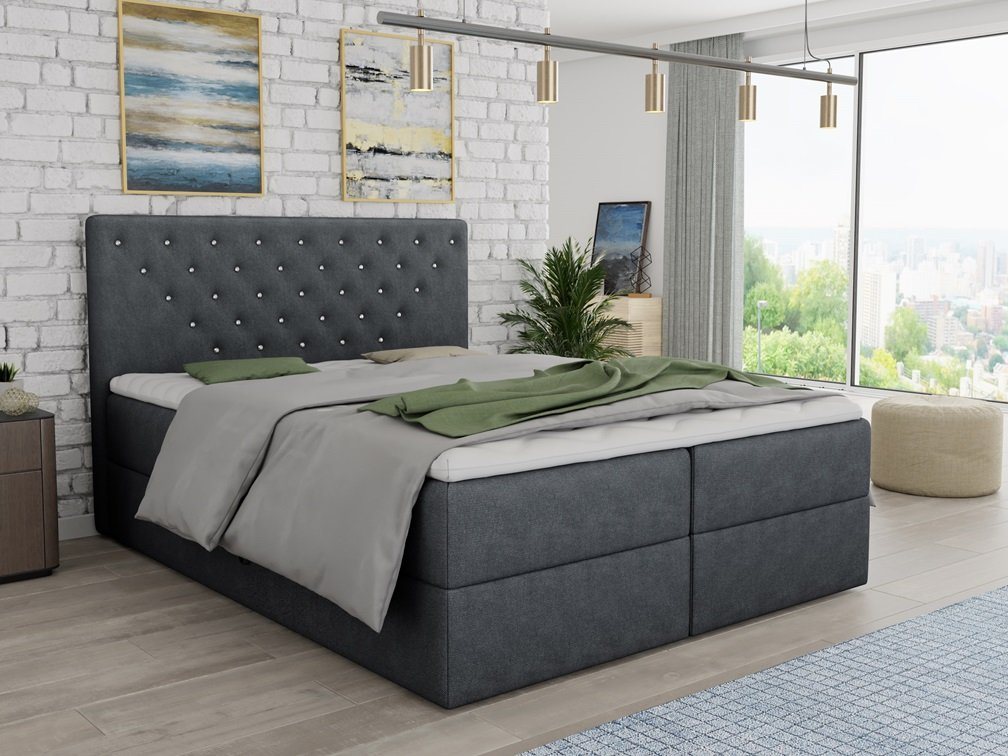 Deine Möbel 24 Boxspringbett Polsterbett Komplettbett Hotelbett BEATE mit Strasssteinen (Ehebett Bett inkl. Matratzen H3 oder H4 zur Auswahl), 120x200 140x200 160x200 180x200 200x200 inkl. Topper aus Kaltschaum von Deine Möbel 24