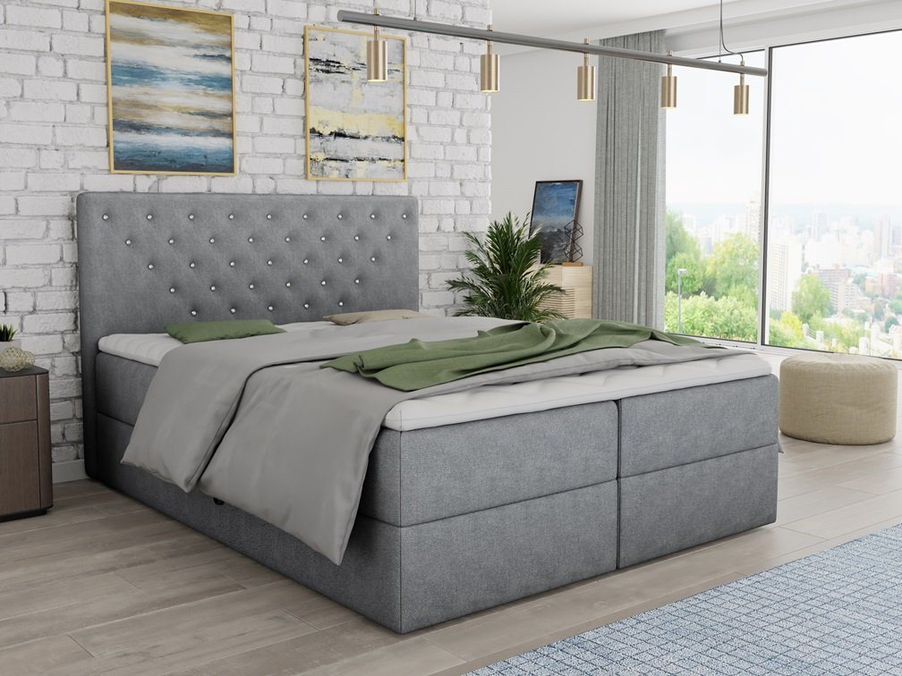 Deine Möbel 24 Boxspringbett Polsterbett Komplettbett Hotelbett BEATE mit Strasssteinen (Ehebett Bett inkl. Matratzen H3 oder H4 zur Auswahl), 120x200 140x200 160x200 180x200 200x200 inkl. Topper aus Kaltschaum von Deine Möbel 24