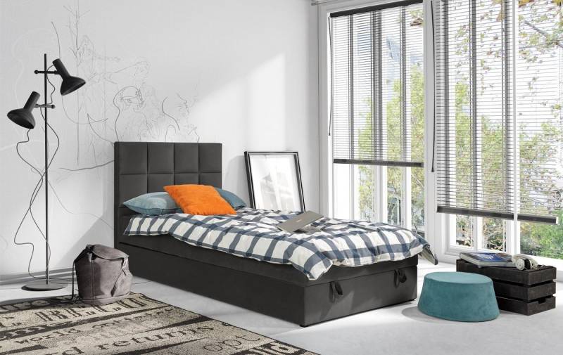 Deine Möbel 24 Boxspringbett Boxbett Polsterbett Komplettbett Jugendbett PETER (Hotelbett Bett für Jugendliche inkl. Kaltschaum-Topper 4 cm, 100x200 120x200 Hellgrau Graphit Rosa Pink), inkl. Bonnell-Federkernmatratzen Matratzen H3 Grau Beige Blau von Deine Möbel 24