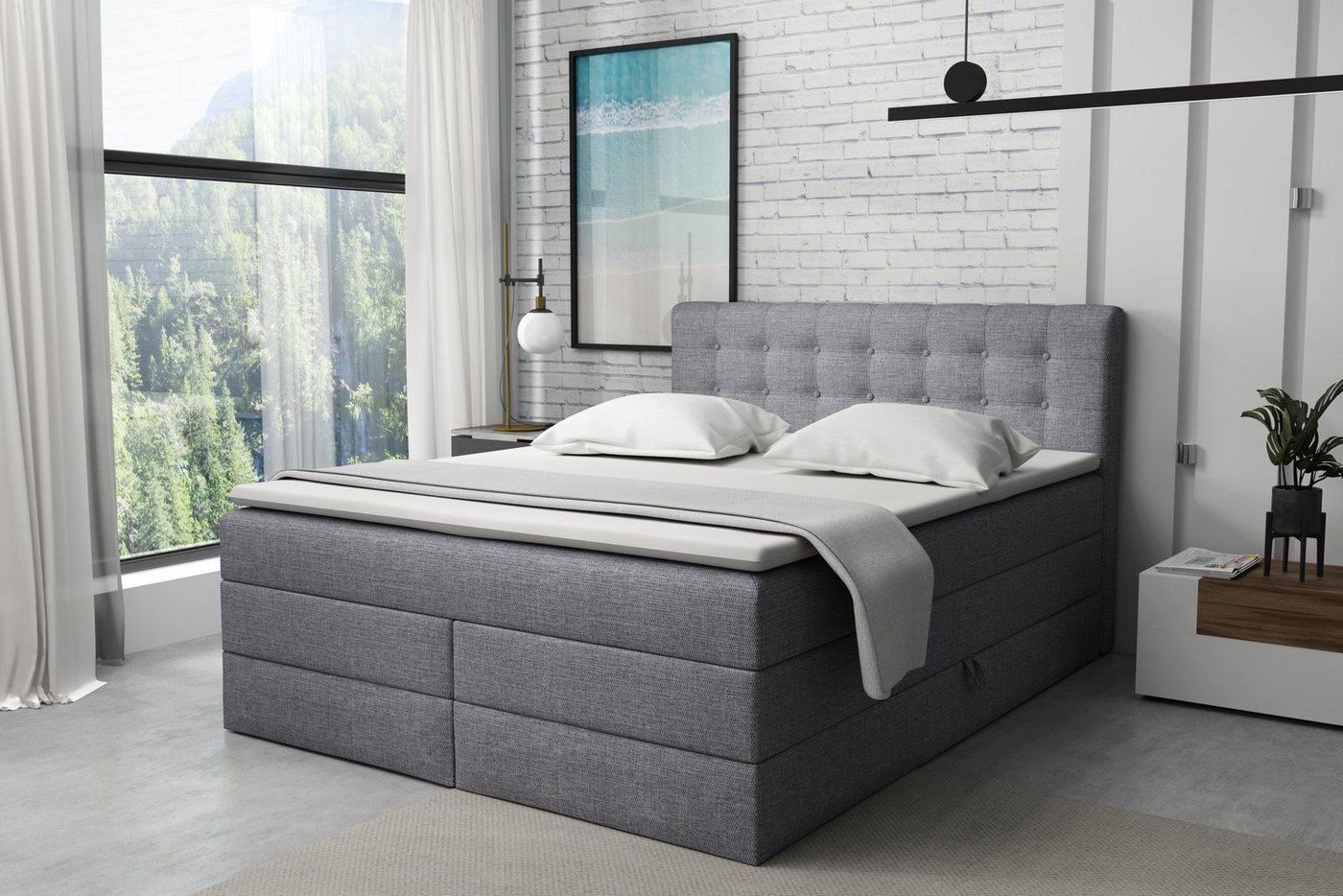 Deine Möbel 24 Boxspringbett SANTE Echtes Boxspringbett Polsterbett Komplettbett inkl. Topper (2 Bonellfederkernmatratzen H3 + 1 Taschenfederkenmatratze H3/H4), 140x200 160x200 180x200 200x200 inkl. Bettkasten von Deine Möbel 24