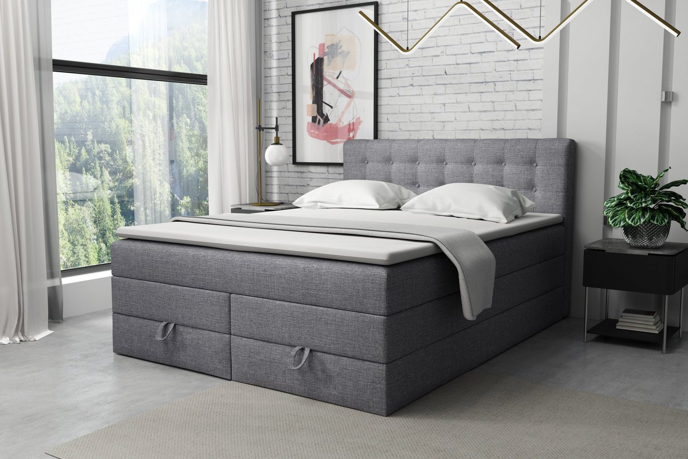 Deine Möbel 24 Boxspringbett VERNO Echtes Boxspringbett Polsterbett Komplettbett inkl. Topper (2 Bonellfederkernmatratzen H3 + 1 Taschenfederkenmatratze H3/H4), 140x200 160x200 180x200 180x200 200x200 inkl. Bettkasten von Deine Möbel 24