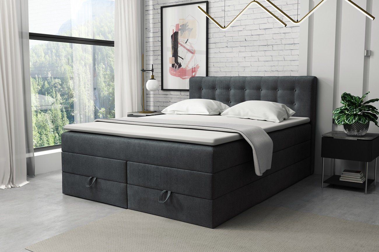 Deine Möbel 24 Boxspringbett VERNO Echtes Boxspringbett Polsterbett Komplettbett inkl. Topper (2 Bonellfederkernmatratzen H3 + 1 Taschenfederkenmatratze H3/H4), 140x200 160x200 180x200 180x200 200x200 inkl. Bettkasten von Deine Möbel 24