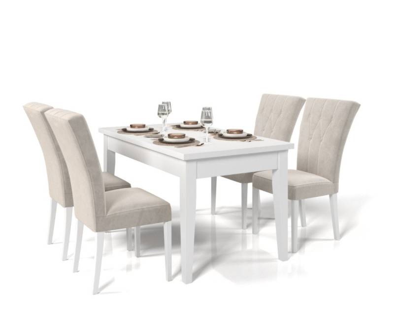 Deine Möbel 24 Essgruppe DAKOTA Weiß matt Beige Grau Hellgrau Graphit 120 140 170 cm, (Set, 7-tlg., Esszimmer Set ausziehbar PREMIUM), Laminat Buchenholz Tisch Esstisch 4 Stühle 6 Stühle von Deine Möbel 24