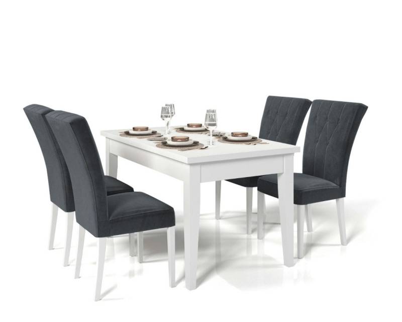 Deine Möbel 24 Essgruppe DAKOTA Weiß matt Beige Grau Hellgrau Graphit 120 140 170 cm, (Set, 7-tlg., Esszimmer Set ausziehbar PREMIUM), Laminat Buchenholz Tisch Esstisch 4 Stühle 6 Stühle von Deine Möbel 24
