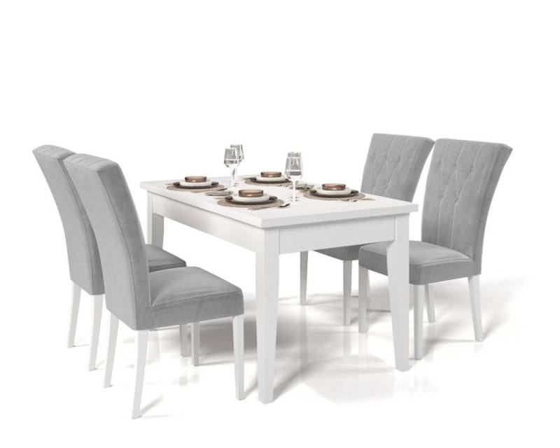 Deine Möbel 24 Essgruppe DAKOTA Weiß matt Beige Grau Hellgrau Graphit 120 140 170 cm, (Set, 7-tlg., Esszimmer Set ausziehbar PREMIUM), Laminat Buchenholz Tisch Esstisch 4 Stühle 6 Stühle von Deine Möbel 24