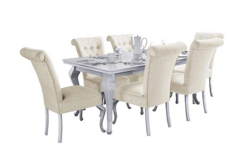 Deine Möbel 24 Essgruppe LUISE Tischgruppe Glamour Tisch mit 4 / 6 Stühlen Esszimmer, (Graphit Anthrazit Dunkelgrau Grau Beige Schwarz, 7-tlg., Wohnzimmer, Esstisch aus Massivholz), in Weiß hochglanz Stühle in Samt Velour 140x80x180 170x90x210 von Deine Möbel 24