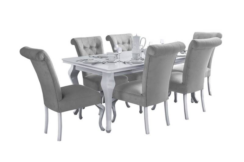 Deine Möbel 24 Essgruppe LUISE Tischgruppe Glamour Tisch mit 4 / 6 Stühlen Esszimmer, (Graphit Anthrazit Dunkelgrau Grau Beige Schwarz, 7-tlg., Wohnzimmer, Esstisch aus Massivholz), in Weiß hochglanz Stühle in Samt Velour 140x80x180 170x90x210 von Deine Möbel 24