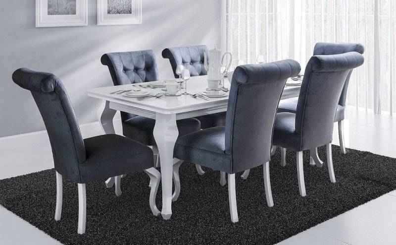 Deine Möbel 24 Essgruppe LUISE Tischgruppe Glamour Tisch mit 6 Stühlen Esszimmer, (7-tlg., Wohnzimmer, Esstisch aus Massivholz), in Weiß hochglanz Stühle in Samt Velour 140x80x180 170x90x210 von Deine Möbel 24