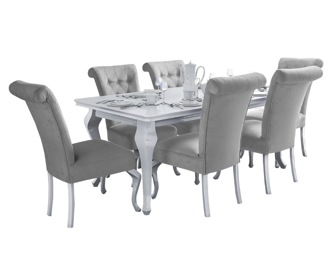 Deine Möbel 24 Essgruppe LUISE Tischgruppe Glamour Tisch mit 6 Stühlen Esszimmer, (Graphit Anthrazit Dunkelgrau Grau Beige, 7-tlg., Wohnzimmer, Esstisch aus Massivholz), in Weiß hochglanz Stühle in Samt Velour 140x80x180 170x90x210 von Deine Möbel 24