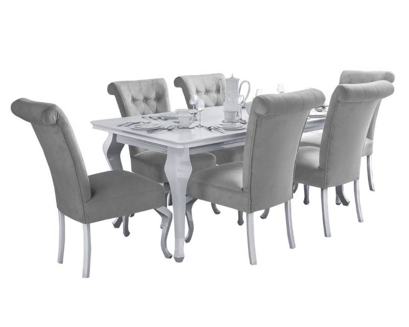Deine Möbel 24 Essgruppe LUISE Tischgruppe Glamour Tisch mit 6 Stühlen Esszimmer, (Graphit Anthrazit Dunkelgrau Grau Beige, 7-tlg., Wohnzimmer, Esstisch aus Massivholz), in Weiß hochglanz Stühle in Samt Velour 140x80x180 170x90x210 von Deine Möbel 24