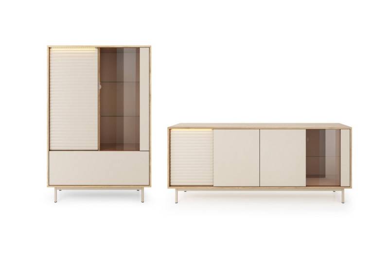 Deine Möbel 24 Esszimmer-Set TOGY B 2/3 - tlg. in Kaschmir / geölte Eiche, (Komplett-Set, 2-St., Vitrine, Kommode, optional Esstisch), vertikal geriffelte Fronten, warme Farbkombination, LED-Beleuchtung von Deine Möbel 24