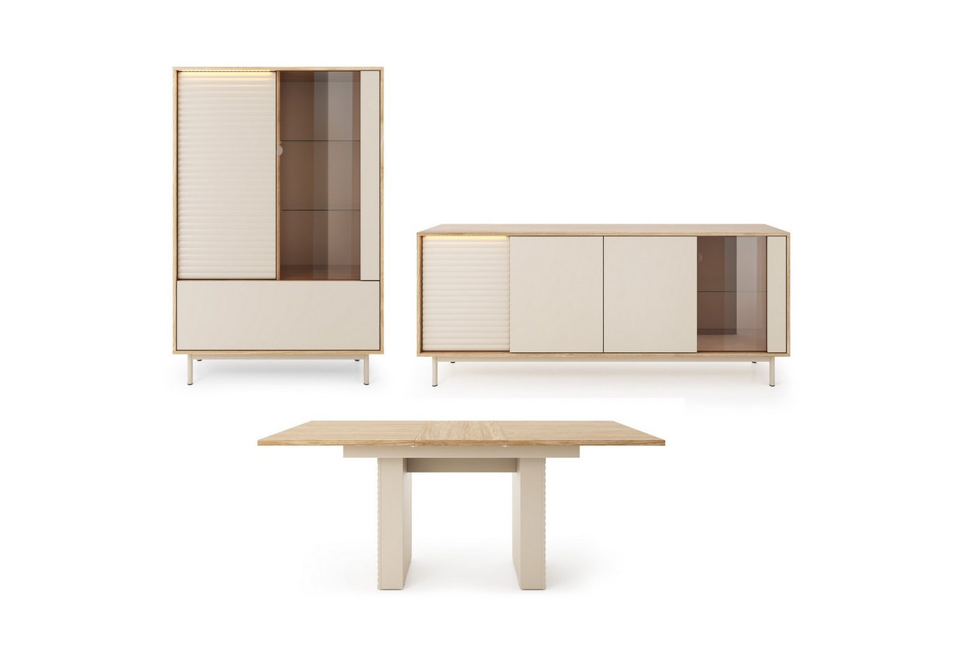 Deine Möbel 24 Esszimmer-Set TOGY B 2/3 - tlg. in Kaschmir / geölte Eiche, (Komplett-Set, 3-St., Vitrine, Kommode, optional Esstisch), vertikal geriffelte Fronten, warme Farbkombination, LED-Beleuchtung von Deine Möbel 24