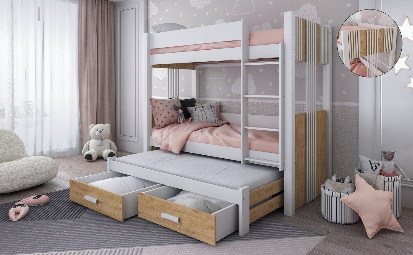 Deine Möbel 24 Etagenbett ALEXANDRA III Hochbett Stockbett für 3 Kinder Ausziehbett (Matratzen optional, 4-St., aus Massivholz Kiefernholz MDF-Platte inkl. Lattenrost), Weiß Grün Sonoma Eiche Graphit 90x200 cm inkl. Leiter Schubladen von Deine Möbel 24