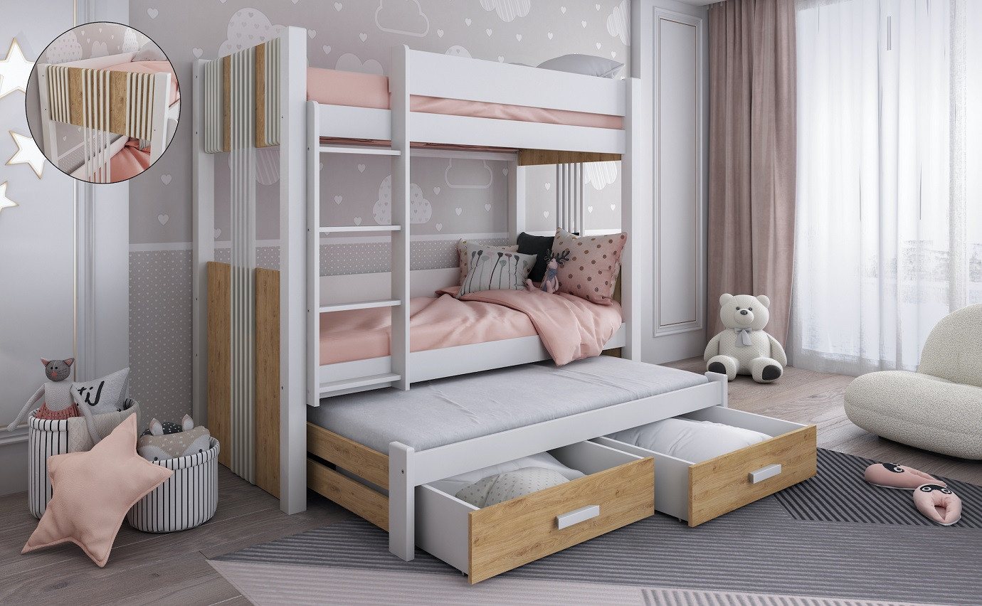 Deine Möbel 24 Etagenbett ALEXANDRA III Hochbett Stockbett für 3 Kinder Ausziehbett (Matratzen optional, 4-St., aus Massivholz Kiefernholz MDF-Platte inkl. Lattenrost), Weiß Grün Sonoma Eiche Graphit 90x200 cm inkl. Leiter Schubladen von Deine Möbel 24