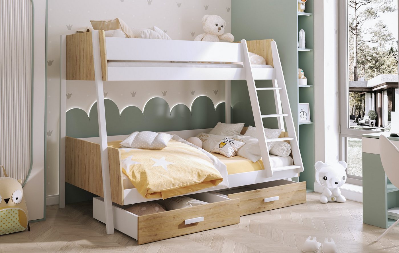 Deine Möbel 24 Etagenbett Etagenbett Kinderbett MATTHIAS für 2 Kinder mit Treppe (inkl. Lattenrost, für 2 Kinder, 90x200+120x200, optionale Matratzen), Stockbett aus Laminatplate und Kiefernholz von Deine Möbel 24