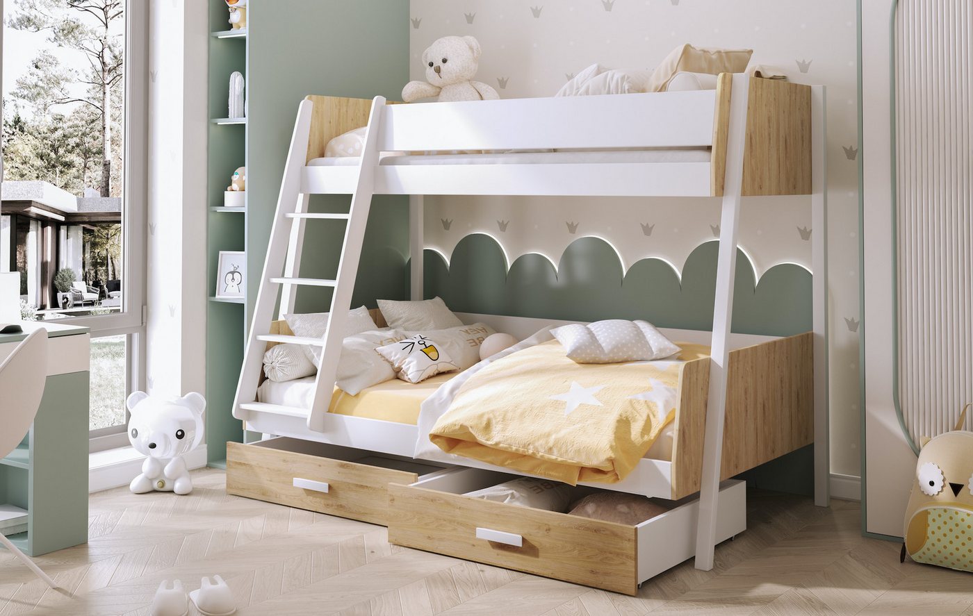 Deine Möbel 24 Etagenbett Etagenbett Kinderbett MATTHIAS für 2 Kinder mit Treppe (inkl. Lattenrost, für 2 Kinder, 90x200+120x200, optionale Matratzen), Stockbett aus Laminatplate und Kiefernholz von Deine Möbel 24