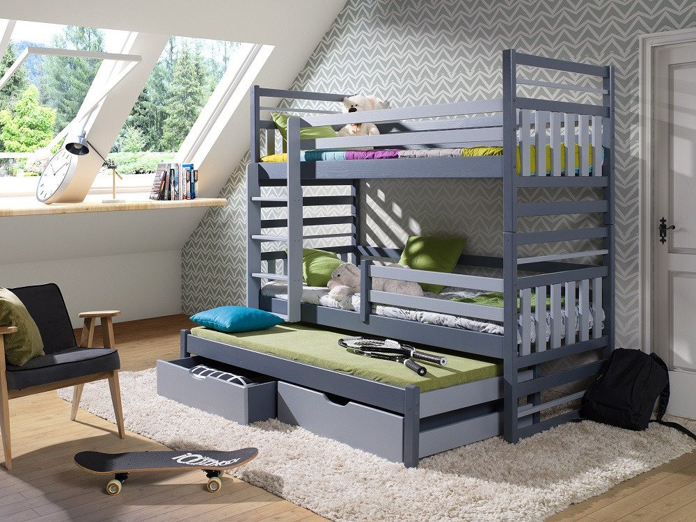 Deine Möbel 24 Etagenbett HENRY für 3 Kinder 90x200 ohne Matratzen / mit Matratzen Stockbett (Set, 4-St., aus Kiefernholz für Kinder und Jugendliche), Hochbett Funktionsbett aus Massivholz, in 2 Kinderbetten umbaubar von Deine Möbel 24