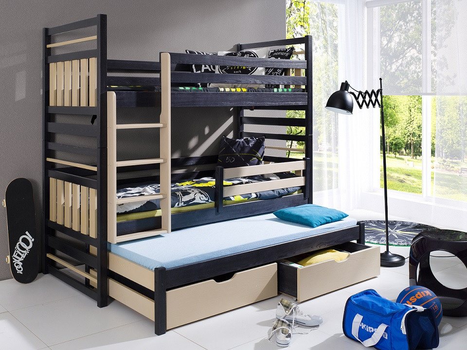 Deine Möbel 24 Etagenbett HENRY für 3 Kinder 90x200 ohne Matratzen / mit Matratzen Stockbett (Set, 4-St., aus Kiefernholz für Kinder und Jugendliche), Hochbett Funktionsbett aus Massivholz, in 2 Kinderbetten umbaubar von Deine Möbel 24