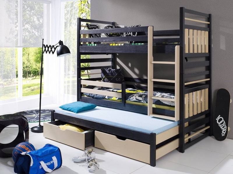 Deine Möbel 24 Etagenbett HENRY für 3 Kinder 90x200 ohne Matratzen / mit Matratzen Stockbett (Set, 4-St., aus Kiefernholz für Kinder und Jugendliche), Hochbett Funktionsbett aus Massivholz, in 2 Kinderbetten umbaubar von Deine Möbel 24