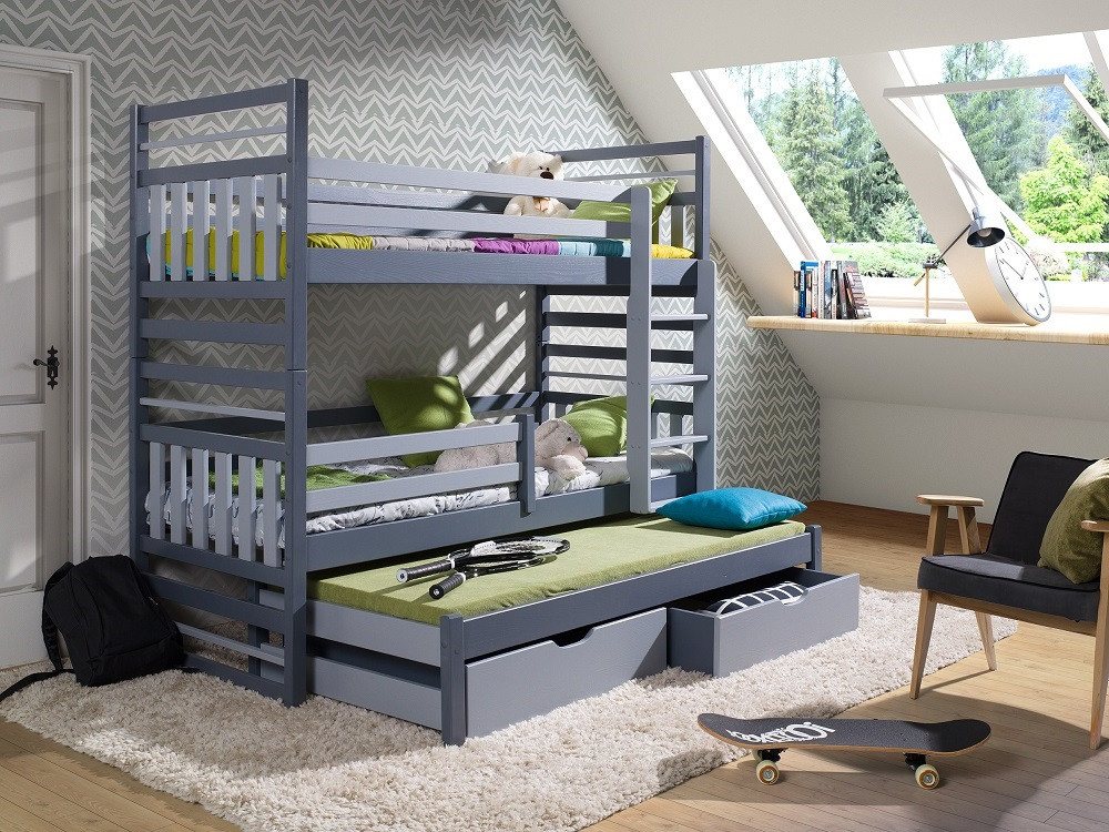 Deine Möbel 24 Etagenbett HENRY für 3 Kinder 90x200 ohne Matratzen / mit Matratzen Stockbett (Set, 4-St., aus Kiefernholz für Kinder und Jugendliche), Hochbett Funktionsbett aus Massivholz, in 2 Kinderbetten umbaubar von Deine Möbel 24