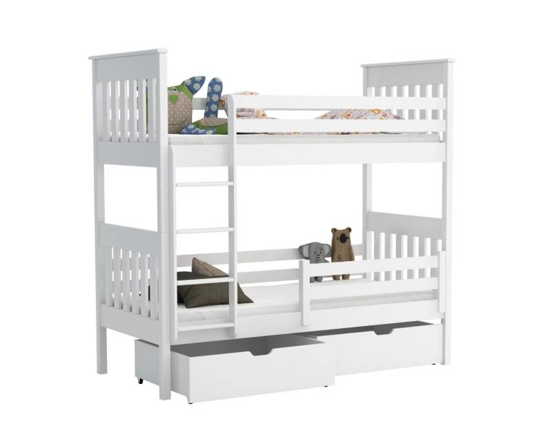 Deine Möbel 24 Etagenbett Hochbett Kinderbett AGATHE für 2 Kinder 90x200 WEISS aus Massivholz (in 2 Einzelbetten umbaubar, mit Rausfallschutz), Matratzen optional, Bett Stockbett aus Vollholz Kiefernholz von Deine Möbel 24