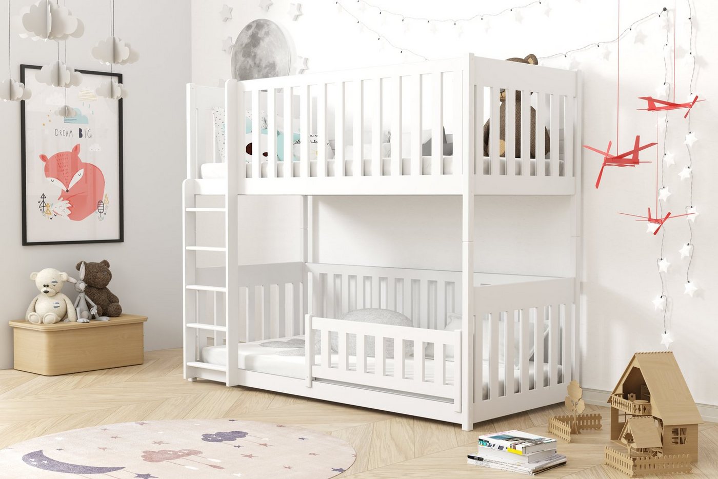 Deine Möbel 24 Etagenbett Hochbett Kinderbett CORA für 2 Kinder 90x200 GRAU WEISS (in 2 Kinderbetten umbaubar, Matratzen optional, inkl. Lattenrost), aus Massivholz Kiefernholz Vollholz, hohe Rausfallschutz von Deine Möbel 24