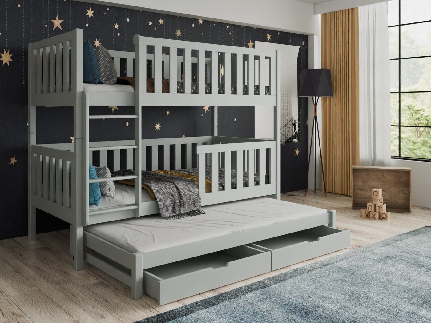 Deine Möbel 24 Etagenbett Hochbett Kinderbett Funktionsbett LUKAS 90x200 in Grau (Matratzen optional, inkl Lattenrost, 2 Schubladen, Leiter und Rausfallschutz), aus Massivholz Vollholz Kiefernholz, in 2 Betten umbaubar von Deine Möbel 24