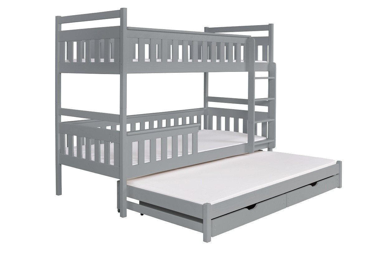 Deine Möbel 24 Etagenbett Hochbett Kinderbett Stockbett KEV für 3 Kinder 90x200 Aschgrau (Set, 3-St., Funktionsbett mit Rausfallschutz, Lattenrost und Bettkasten), aus Kiefernholz Massivholz in 2 Einzelbetten umbaubar mit Ausziehbett von Deine Möbel 24