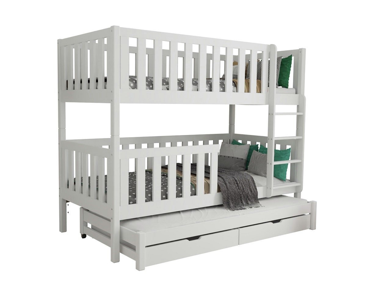 Deine Möbel 24 Etagenbett Hochbett Kinderbett LUKAS für 3 Kinder 90x200 Weiß (mit Ausziehbett Matratzen optional, Funktionsbett inkl. Lattenrost, Rausfallschutz und 2 Schubladen), aus Vollholz Massivholz Kiefernholz, in 2 Einzelbetten umbaubar von Deine Möbel 24