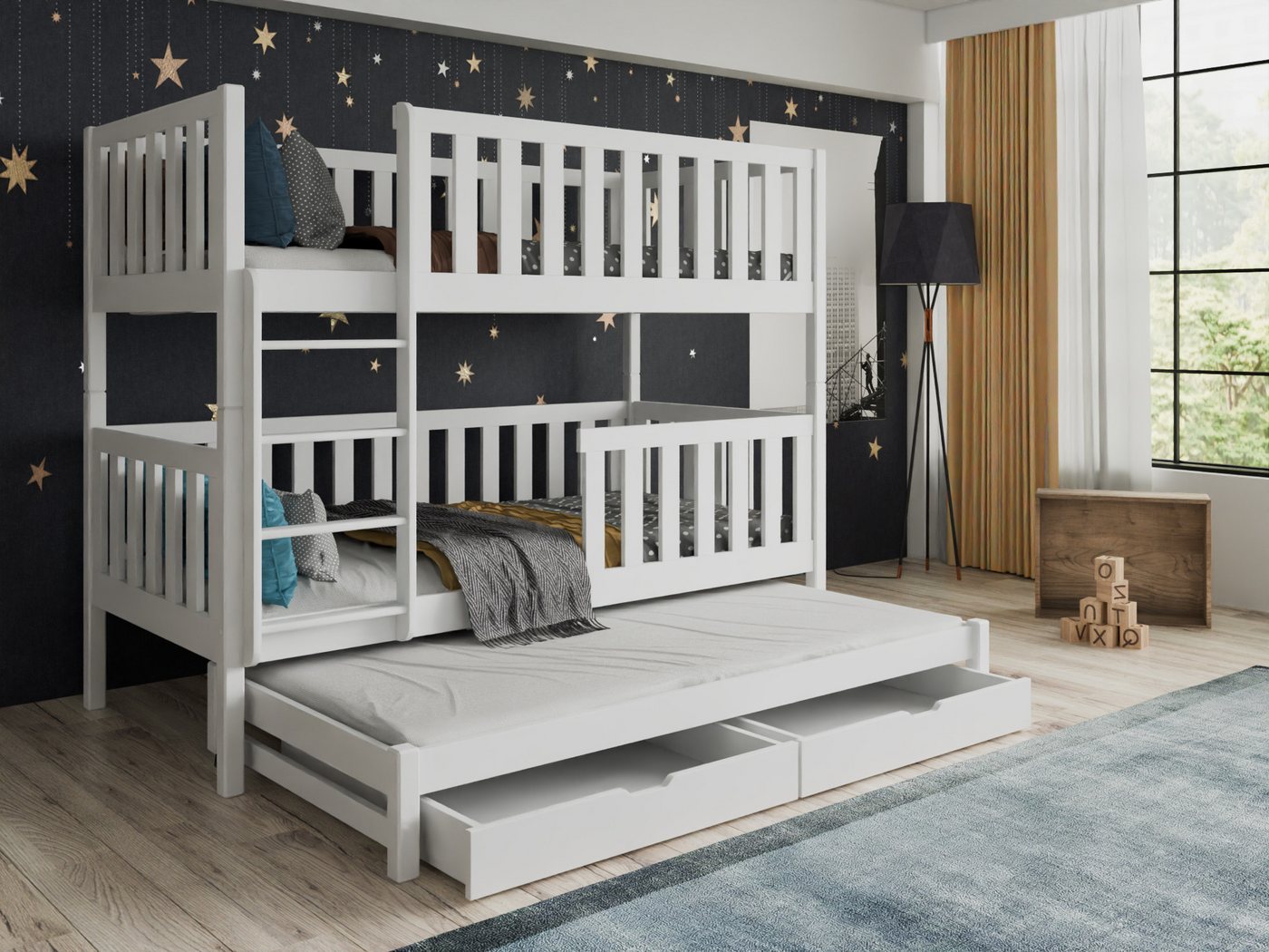 Deine Möbel 24 Etagenbett Hochbett Kinderbett LUKAS für 3 Kinder 90x200 Weiß (mit Ausziehbett Matratzen optional, Funktionsbett inkl. Lattenrost, Rausfallschutz und 2 Schubladen), aus Vollholz Massivholz Kiefernholz, in 2 Einzelbetten umbaubar von Deine Möbel 24