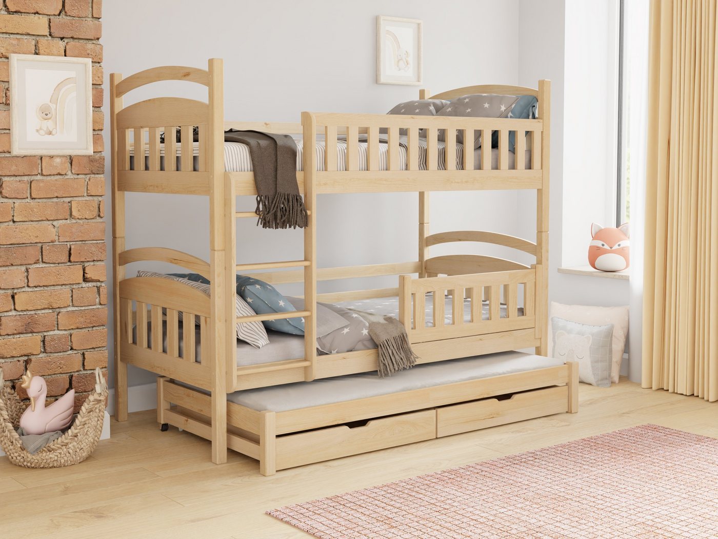 Deine Möbel 24 Etagenbett Hochbett Kinderbett MIA für 3 Kinder 90x200 Grau Kiefer Natur (Matratzen optional, aus Masssivholz Vollholz Kiefernholz), Rausfallschutz unten abnehmbar, inkl. Lattenrost von Deine Möbel 24