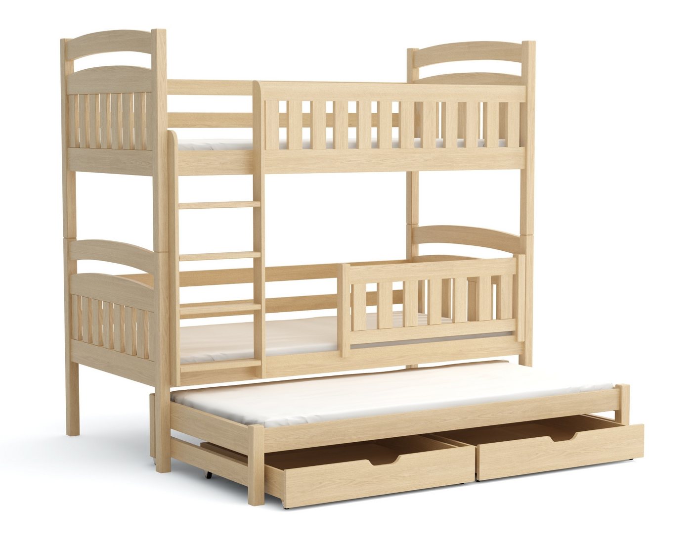 Deine Möbel 24 Etagenbett Hochbett Kinderbett MIA für 3 Kinder 90x200 Grau Kiefer Natur (Set Komplettbett für 3 Personen, 3-St., Matratzen optional, aus Masssivholz Vollholz Kiefernholz), Rausfallschutz unten abnehmbar, inkl. Lattenrost von Deine Möbel 24