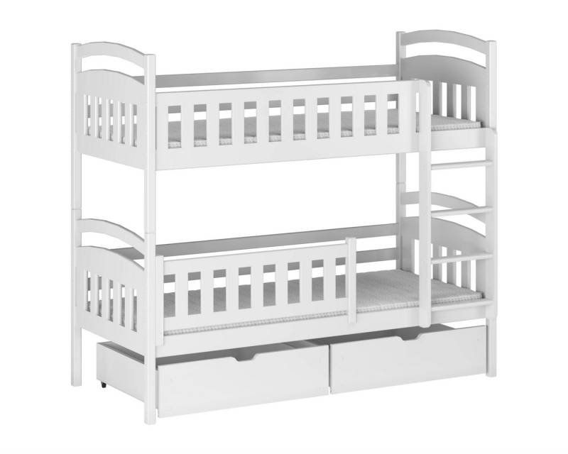 Deine Möbel 24 Etagenbett Hochbett Kinderbett für 2 Kinder EMMA 80x180 90x200 Weiß (mit abnehmbarem Rausfallschutz, 2 Schubladen, in 2 Betten umbaubar), wahlweise mit Matratzen, aus Massivholz Vollholz, incl. Lattenrost von Deine Möbel 24