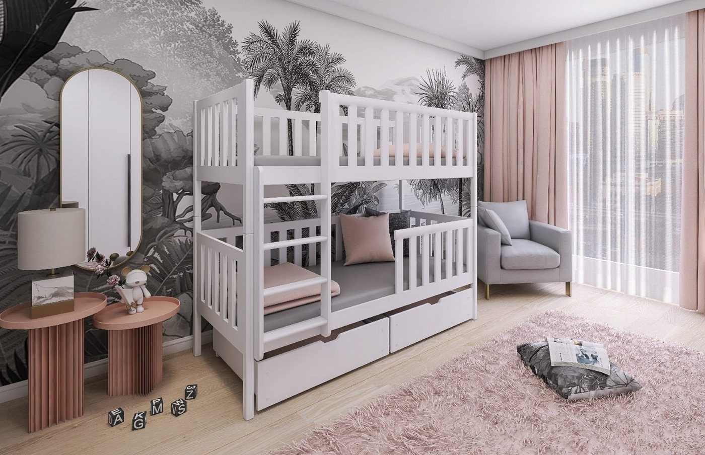 Deine Möbel 24 Etagenbett Hochbett Kinderbett für 2 Kinder MANUEL 90x200 Weiss (Kinderbett aus Vollholz massiv inkl. Lattenrost und 2 Schubladen), mit Rausfallschutz in 2 Einzelbetten umbaubar mit Matratzen optional von Deine Möbel 24