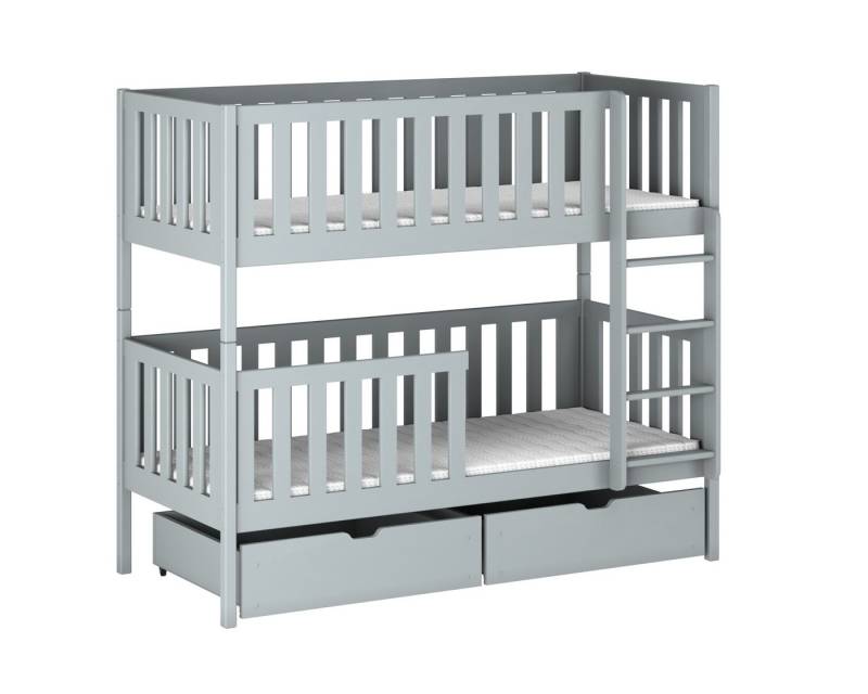 Deine Möbel 24 Etagenbett MANUEL Hochbett, Kinderbett für 2 Kinder 90x200 GRAU aus Massivholz (Set, 2-St., Kinderbett aus Vollholz inkl. Lattenrost und 2 Schubladen), mit Rausfallschutz in 2 Einzelbetten umbaubar wahlweise mit Matratzen von Deine Möbel 24
