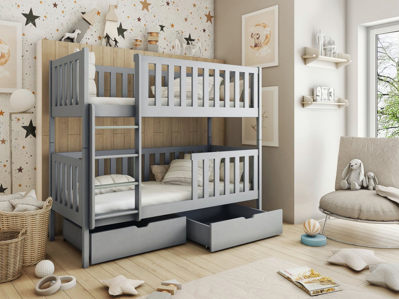 Deine Möbel 24 Etagenbett MANUEL Hochbett, Kinderbett für 2 Kinder 90x200 GRAU aus Massivholz (Set, 2-St., Kinderbett aus Vollholz inkl. Lattenrost und 2 Schubladen), mit Rausfallschutz in 2 Einzelbetten umbaubar wahlweise mit Matratzen von Deine Möbel 24