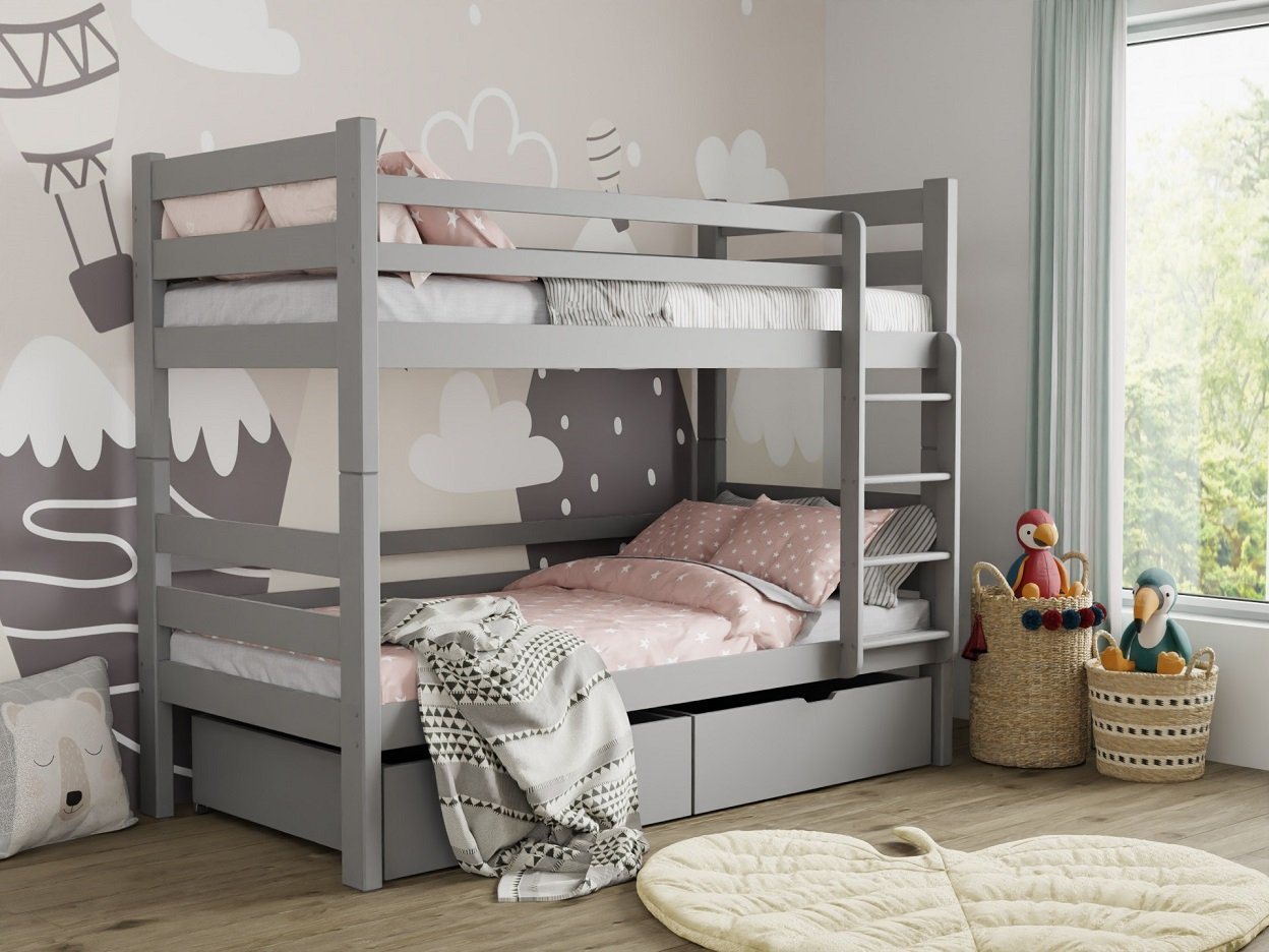 Deine Möbel 24 Etagenbett Hochbett PIA für 2 Kinder 90x200 Weiß Aschgrau aus Massivholz (Set, Kinderbett mit Lattenrost, inkl. Rausfallschutz oben), in 2 Kinderbetten umbaubar, mit Schubladen, mit Matratzen optional von Deine Möbel 24