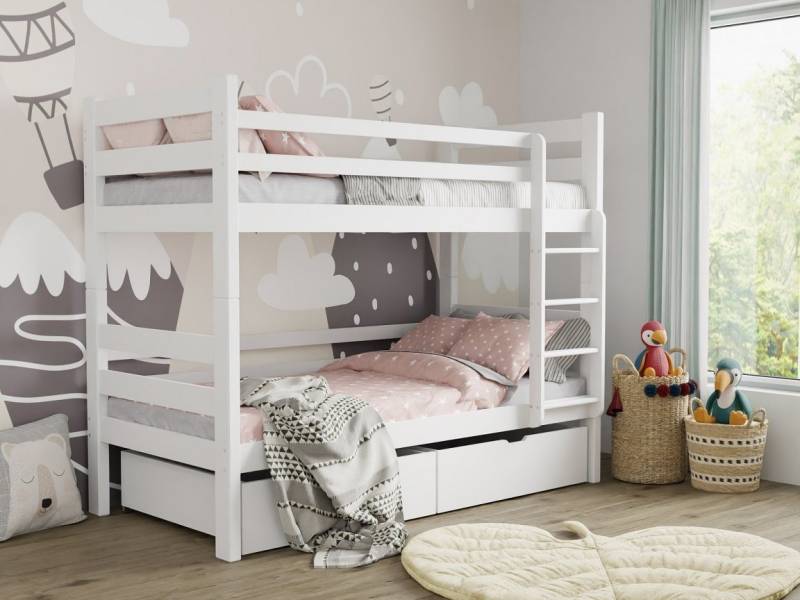 Deine Möbel 24 Etagenbett Hochbett PIA für 2 Kinder 90x200 Weiß Aschgrau aus Massivholz (Set, Kinderbett mit Lattenrost, inkl. Rausfallschutz oben), in 2 Kinderbetten umbaubar, mit Schubladen, mit Matratzen optional von Deine Möbel 24