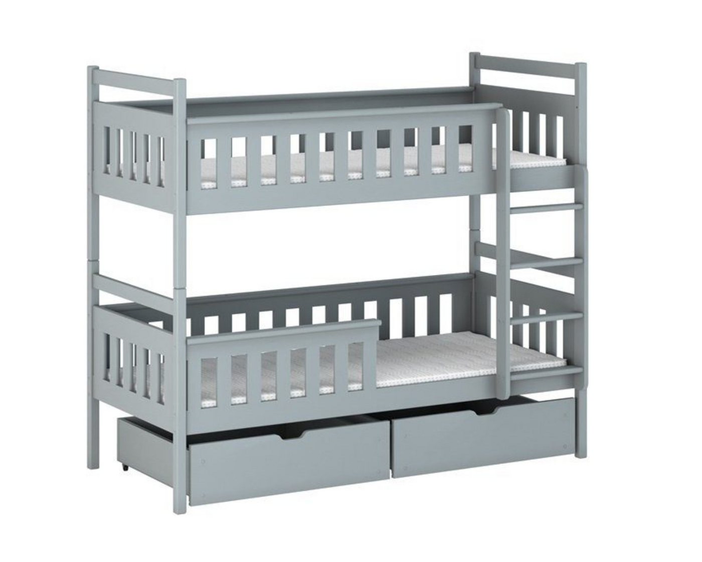 Deine Möbel 24 Etagenbett Hochbett TIM für 2 Kinder 90x200 Weiß / GRAU aus Massivholz (Matratzen optional, Kinderbett mit Lattenrost, Rausfallschutz, 2 Schubladen und Leiter), in 2 Kinderbetten umbaubar, aus Vollholz / Kiefernholz von Deine Möbel 24