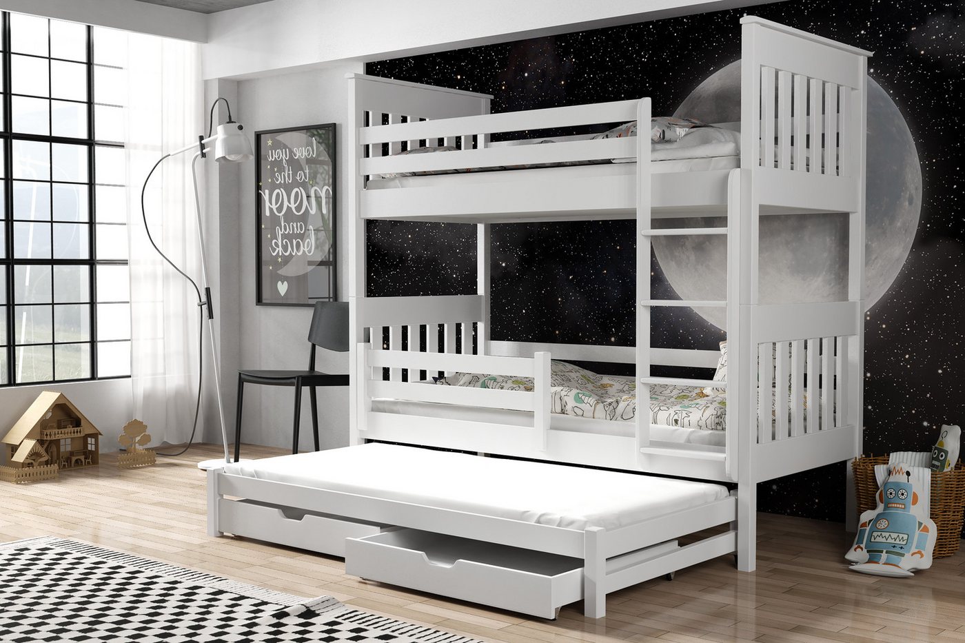 Deine Möbel 24 Etagenbett JARIS für 3 Kinder 90x200 Weiss ohne Matratzen / mit Matratzen (inkl. Lattenrost und Rausfallschutz), Stockbett aus Vollholz Massivholz Kiefernholz von Deine Möbel 24